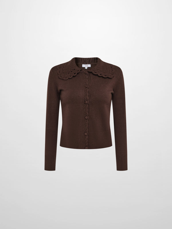 Scalloped Crochet Collar Cardigan - Brown