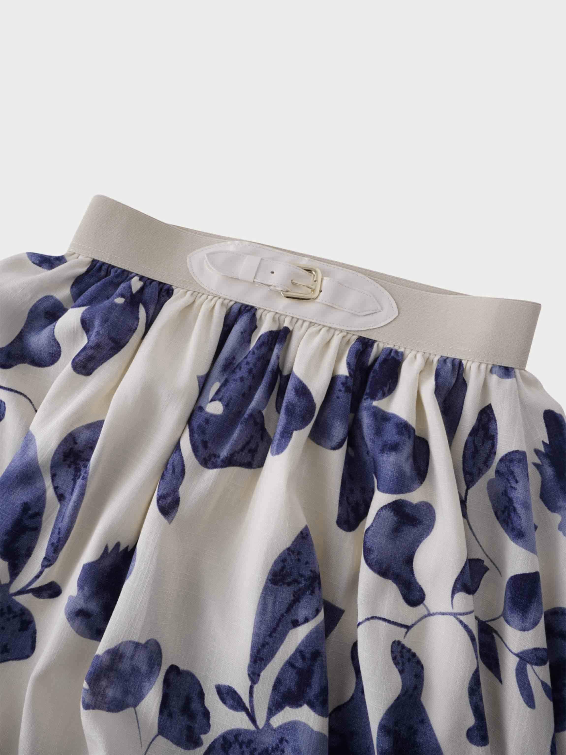 Leather Buckle Skirt-Blue Floral