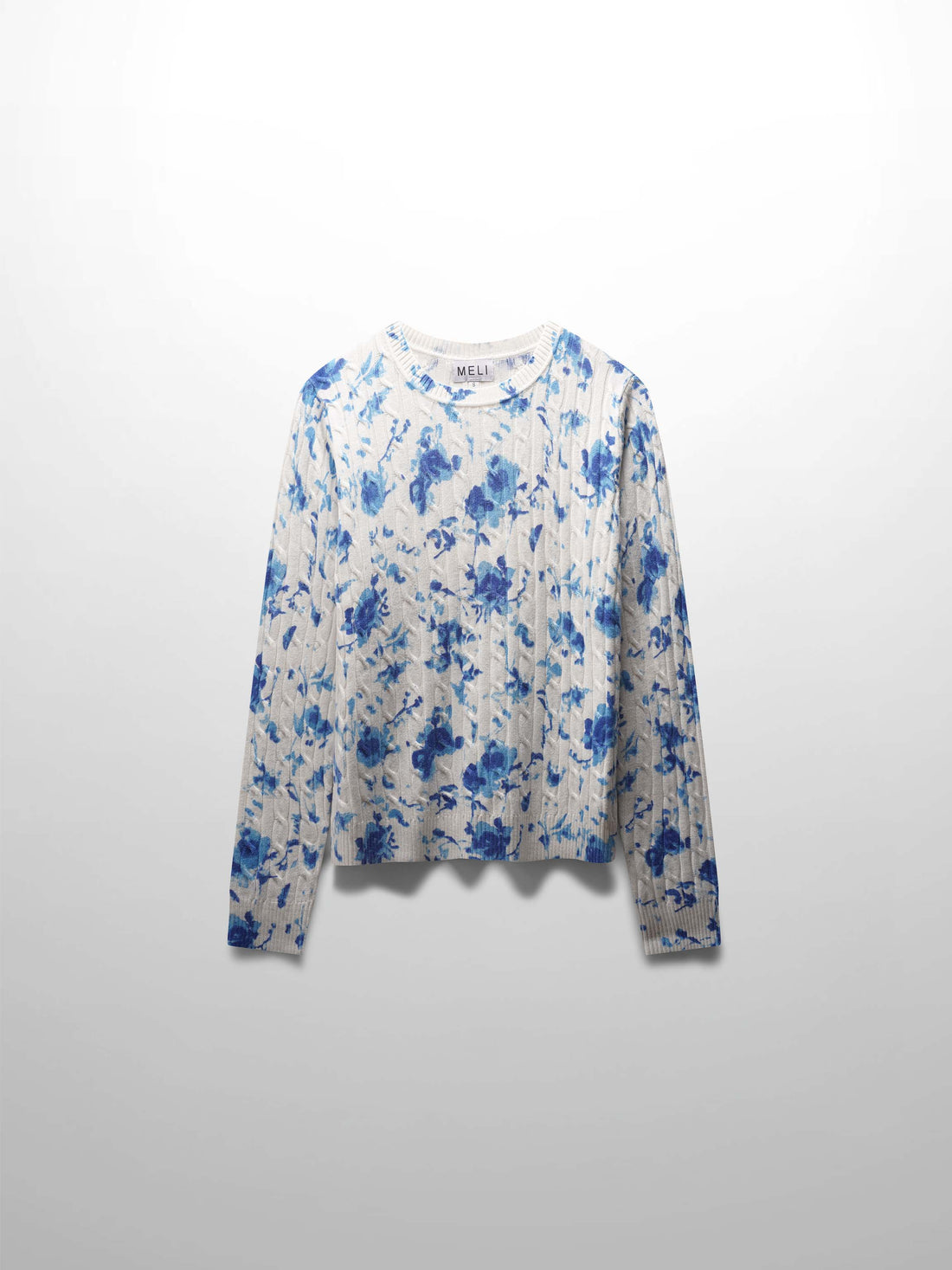 Printed Cable Knit Sweater-Blue Floral