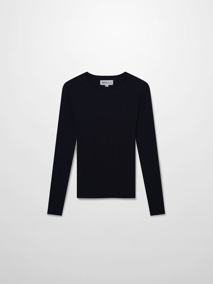 Crew Neck Cable Sweater-Navy