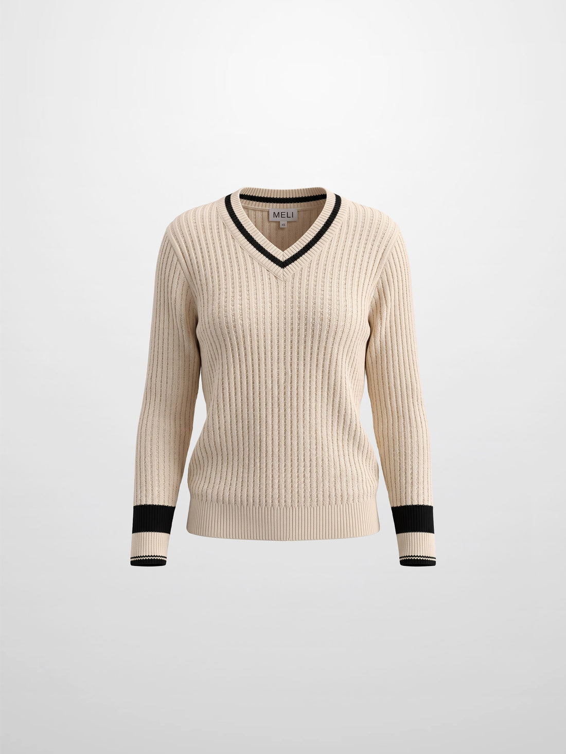 High V Waffle Sweater - Cream/Black
