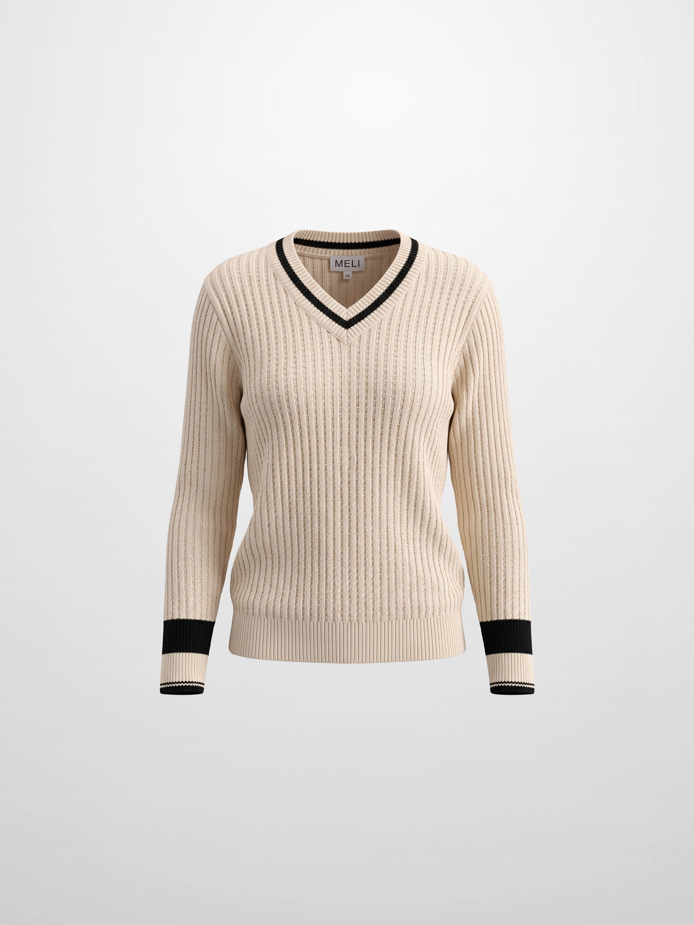 High V Waffle Sweater - Cream/Black