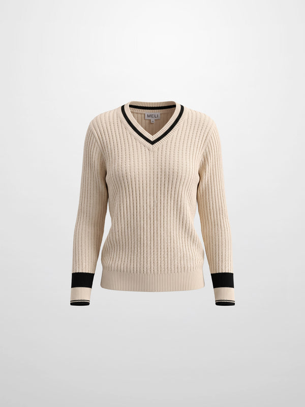High V Waffle Sweater - Cream/Black