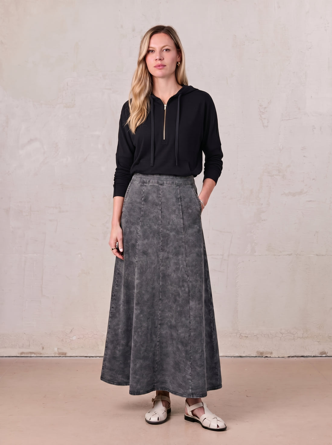 Ribbed Half Zip Hoodie Tee-Black