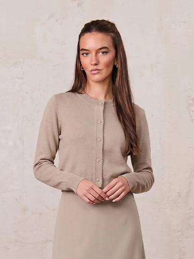 Trim Detail Crew Crop Cardigan-Heathered Latte
