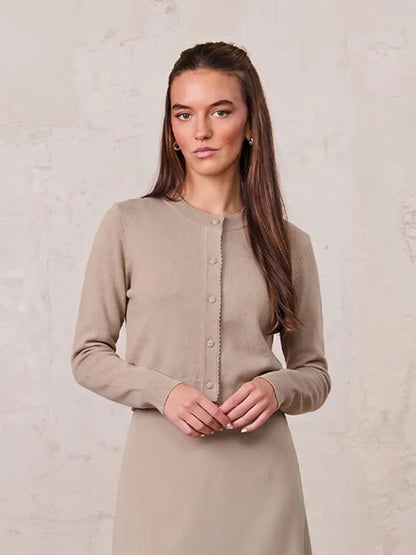 Trim Detail Crew Crop Cardigan-Heathered Latte