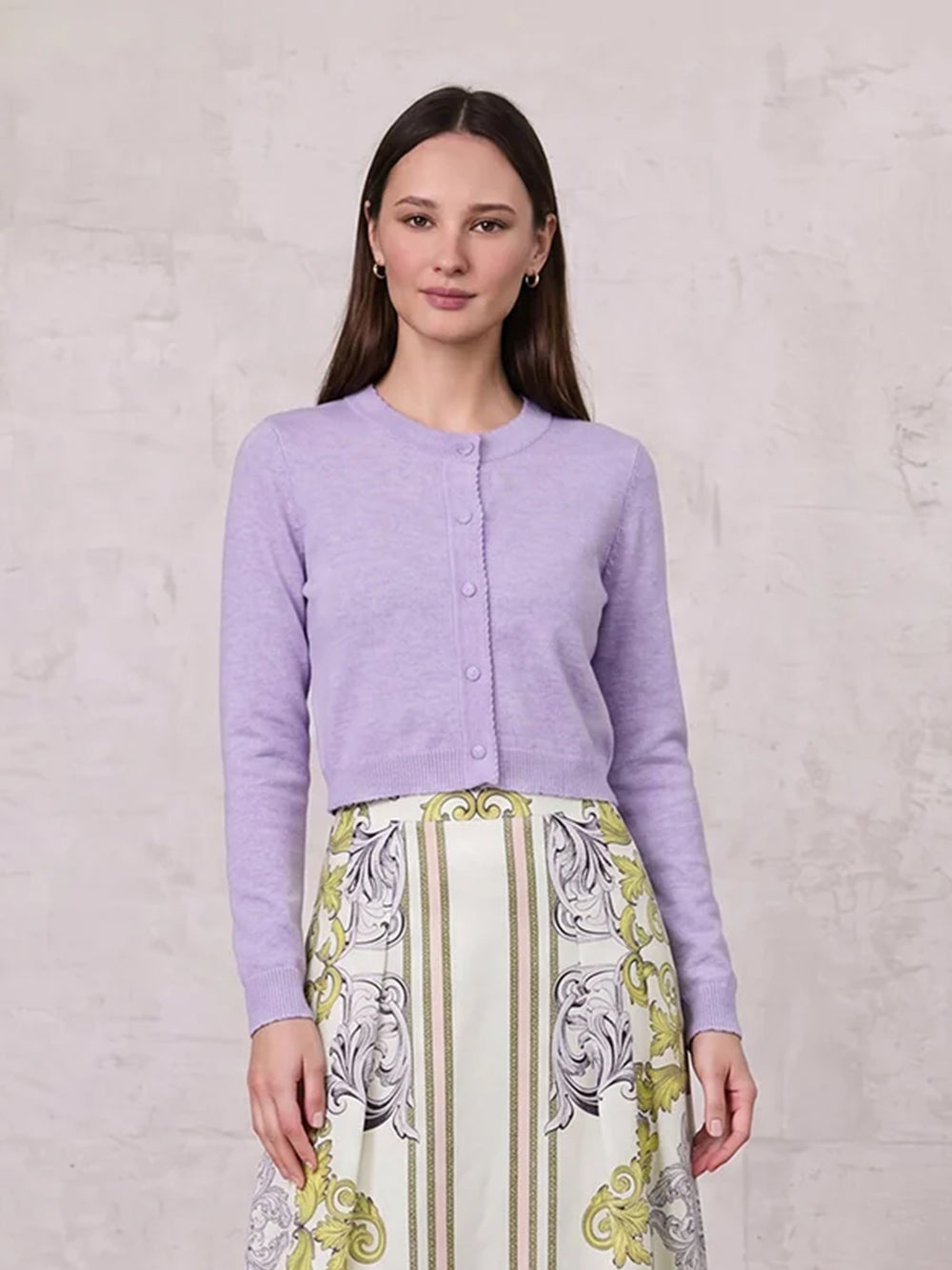 Trim Detail Crew Crop Cardigan-Heathered Lavander