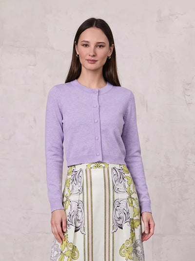 Trim Detail Crew Crop Cardigan-Heathered Lavander