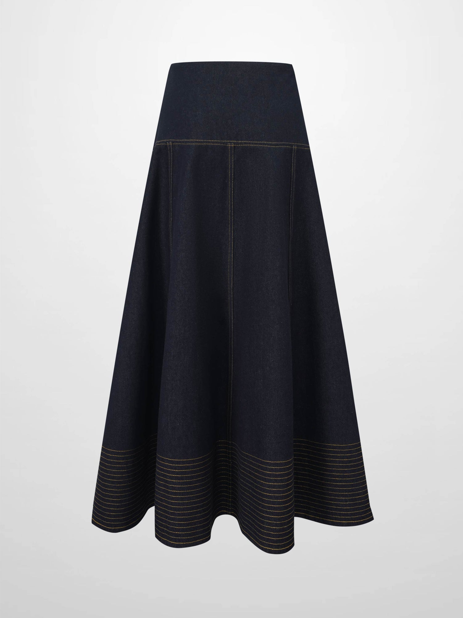Border Stitched Yoke Denim Skirt-Blue