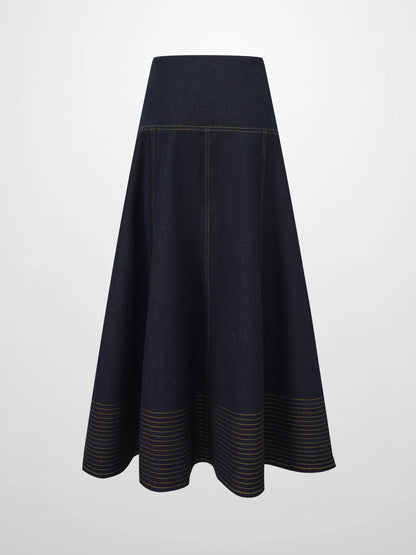 Border Stitched Yoke Denim Skirt-Blue