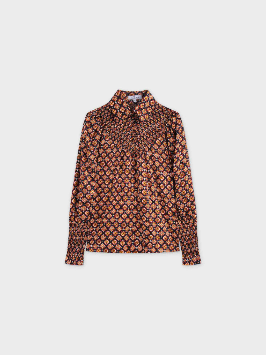 SMOCKED BLOUSE-GEOMETRIC MEDALLION BROWN