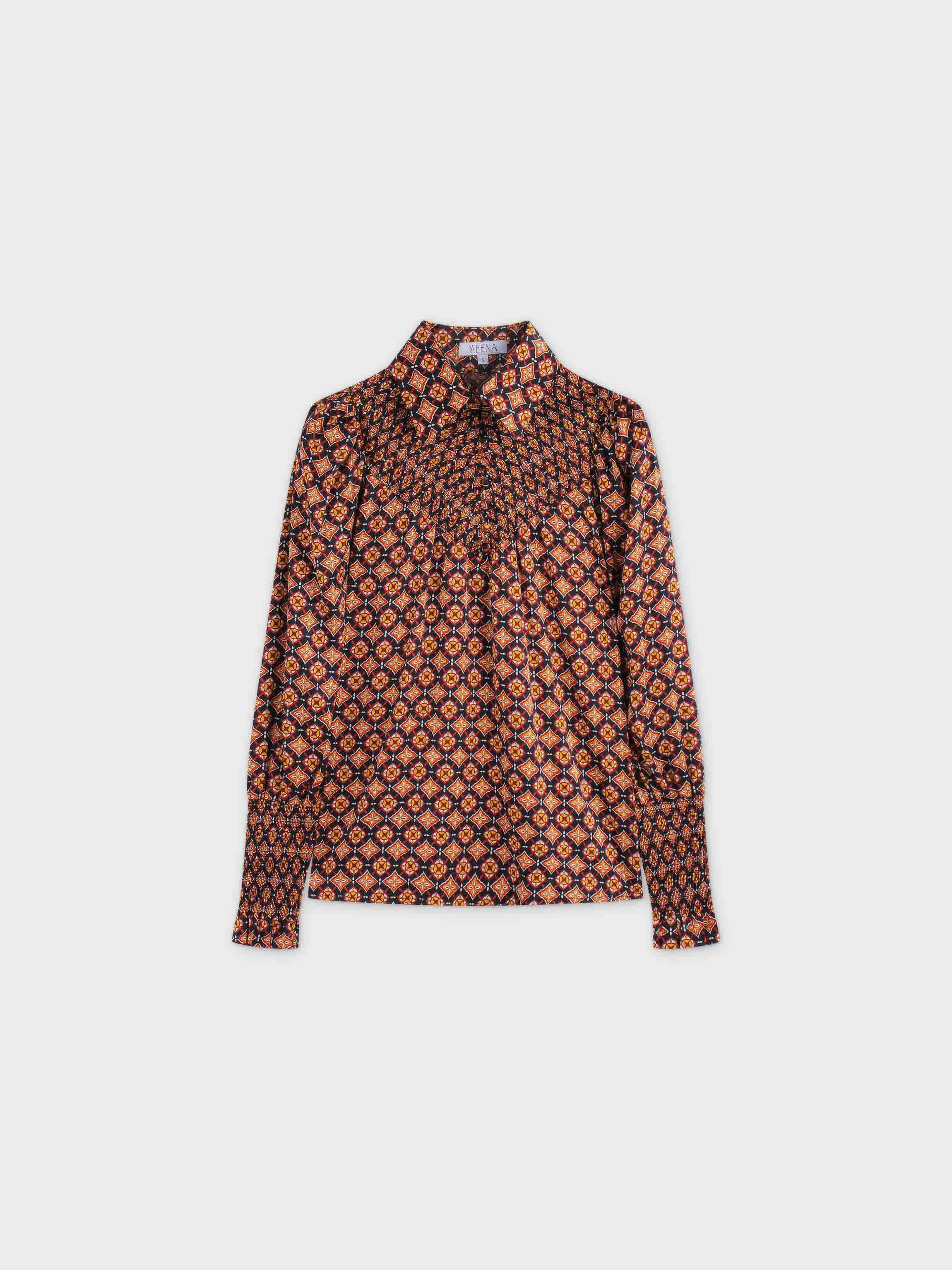 SMOCKED BLOUSE-GEOMETRIC MEDALLION BROWN