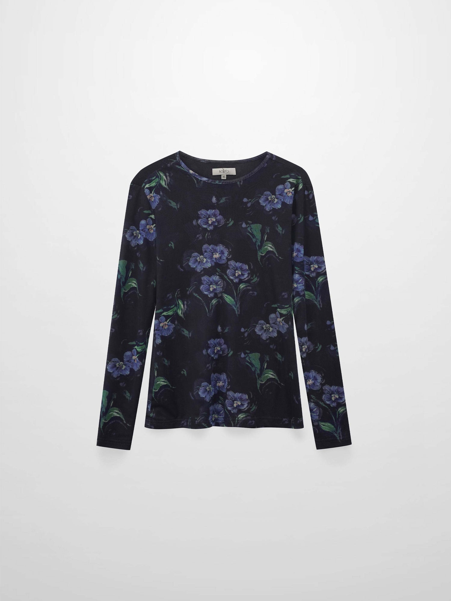 Mesh Crew Neck Print Top-Blue Floral