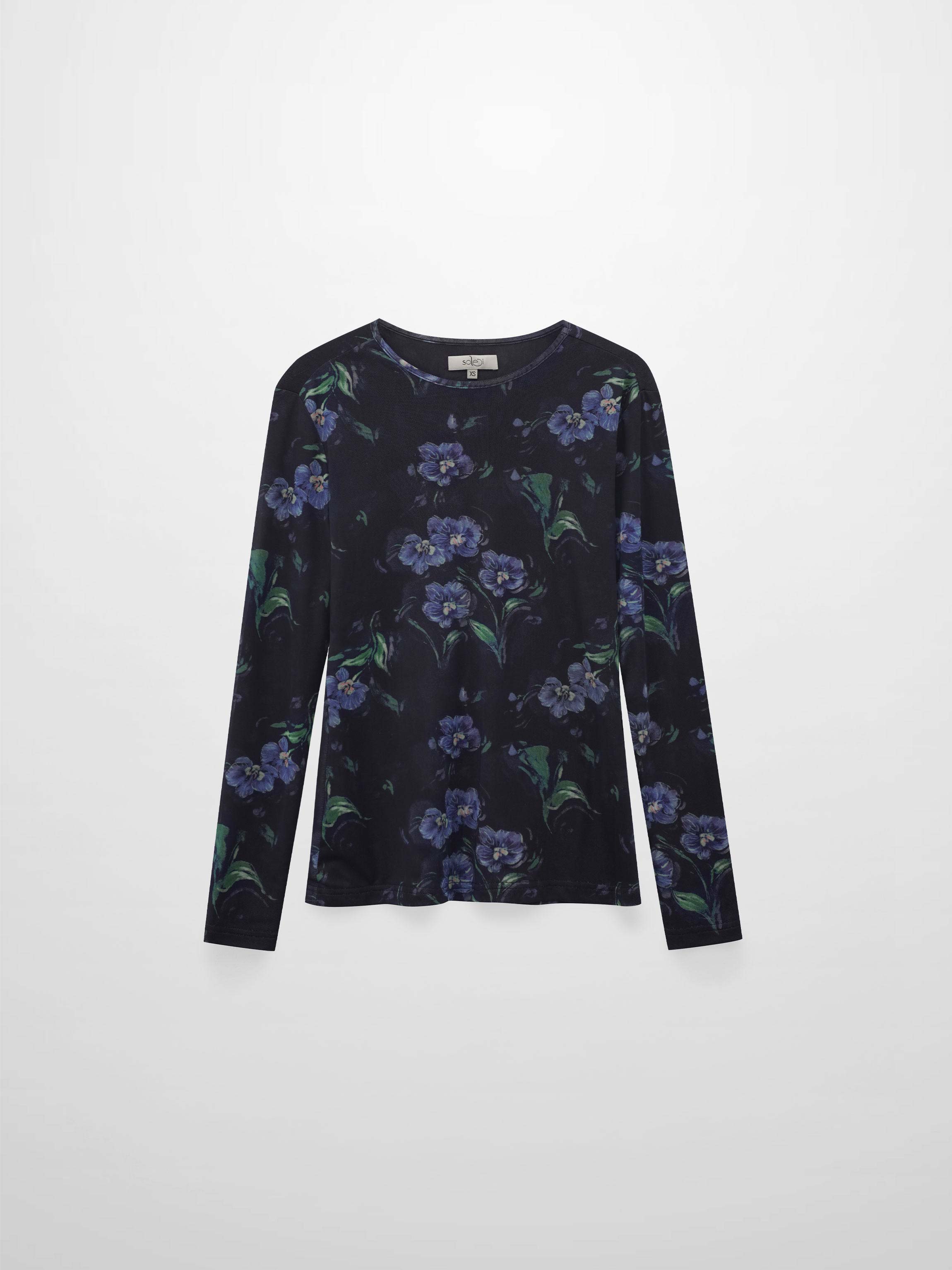 Mesh Crew Neck Print Top-Blue Floral