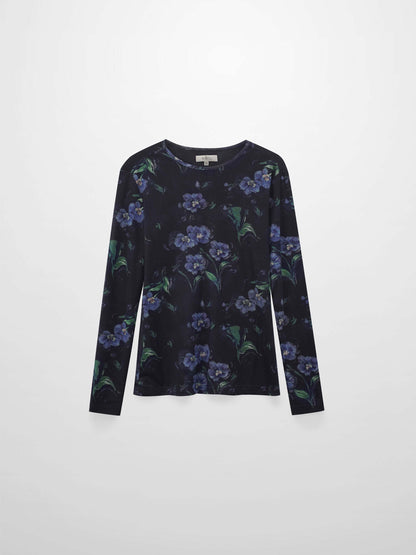 Mesh Crew Neck Print Top-Blue Floral