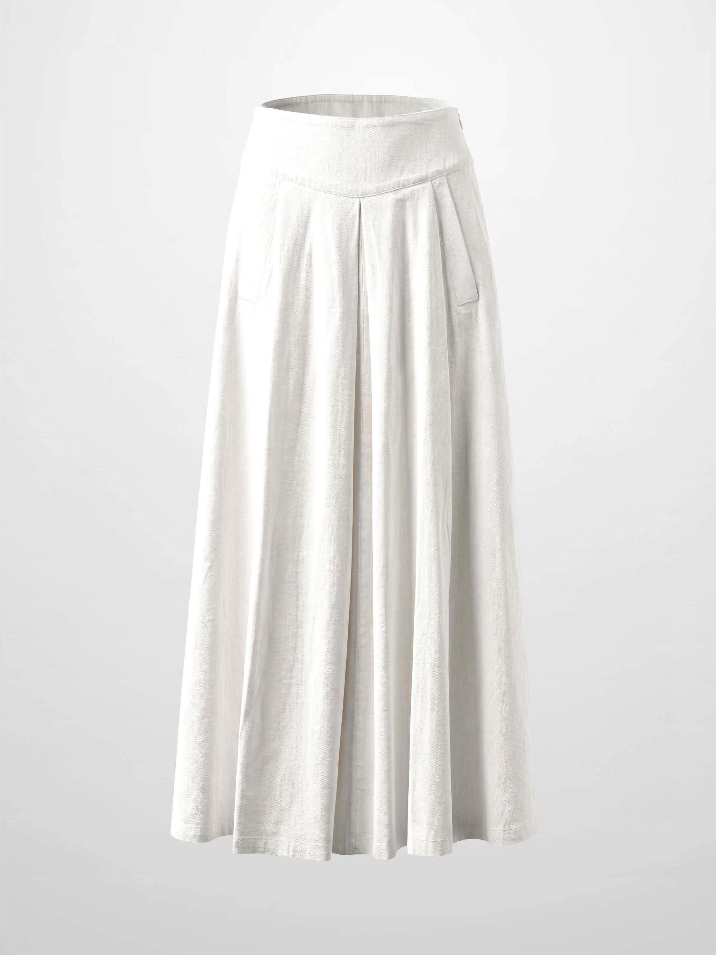 Inverted Yoke Pleat Denim Skirt-White