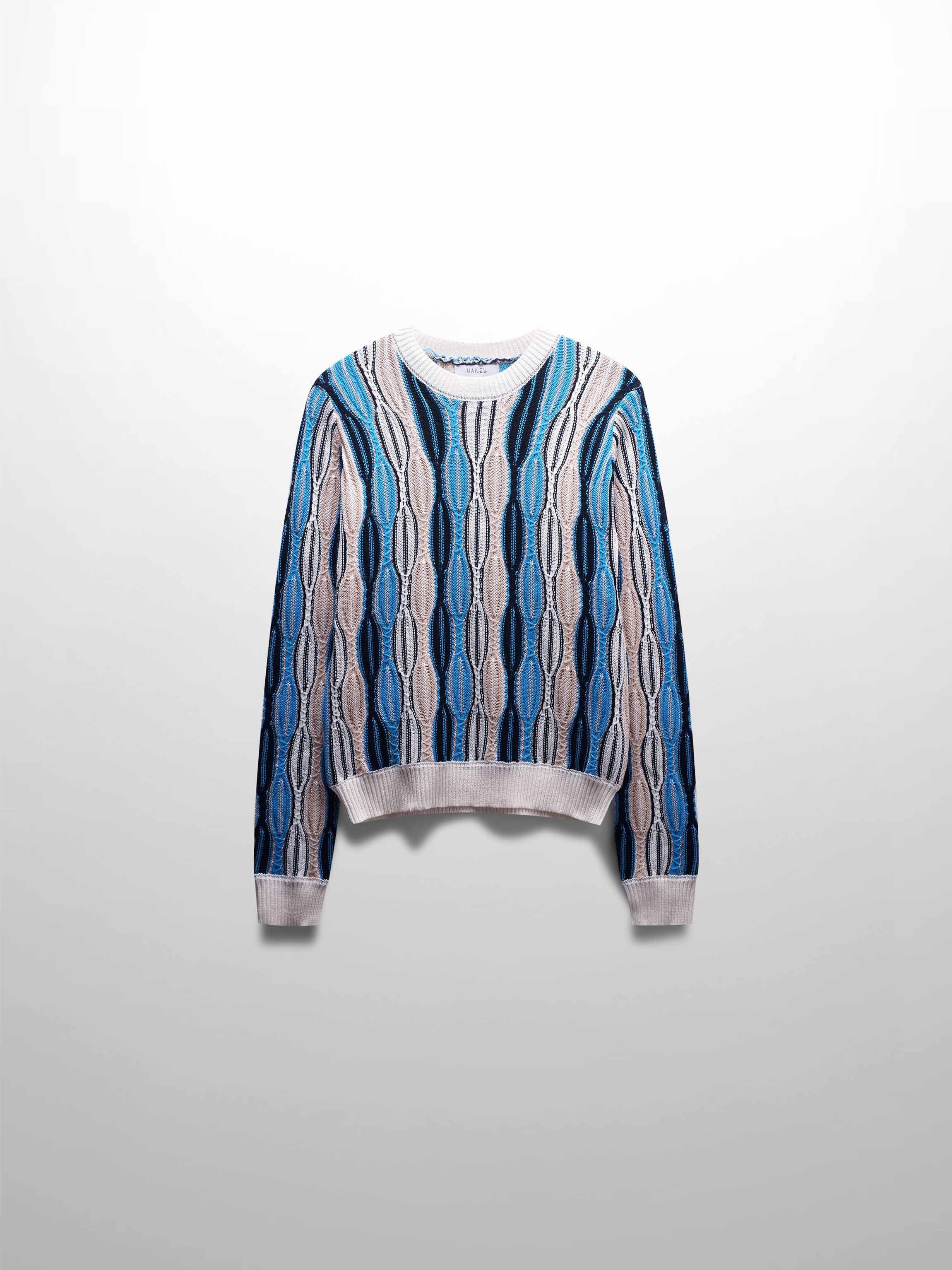 Wave Design Crew Neck Sweater-Tan/Blue