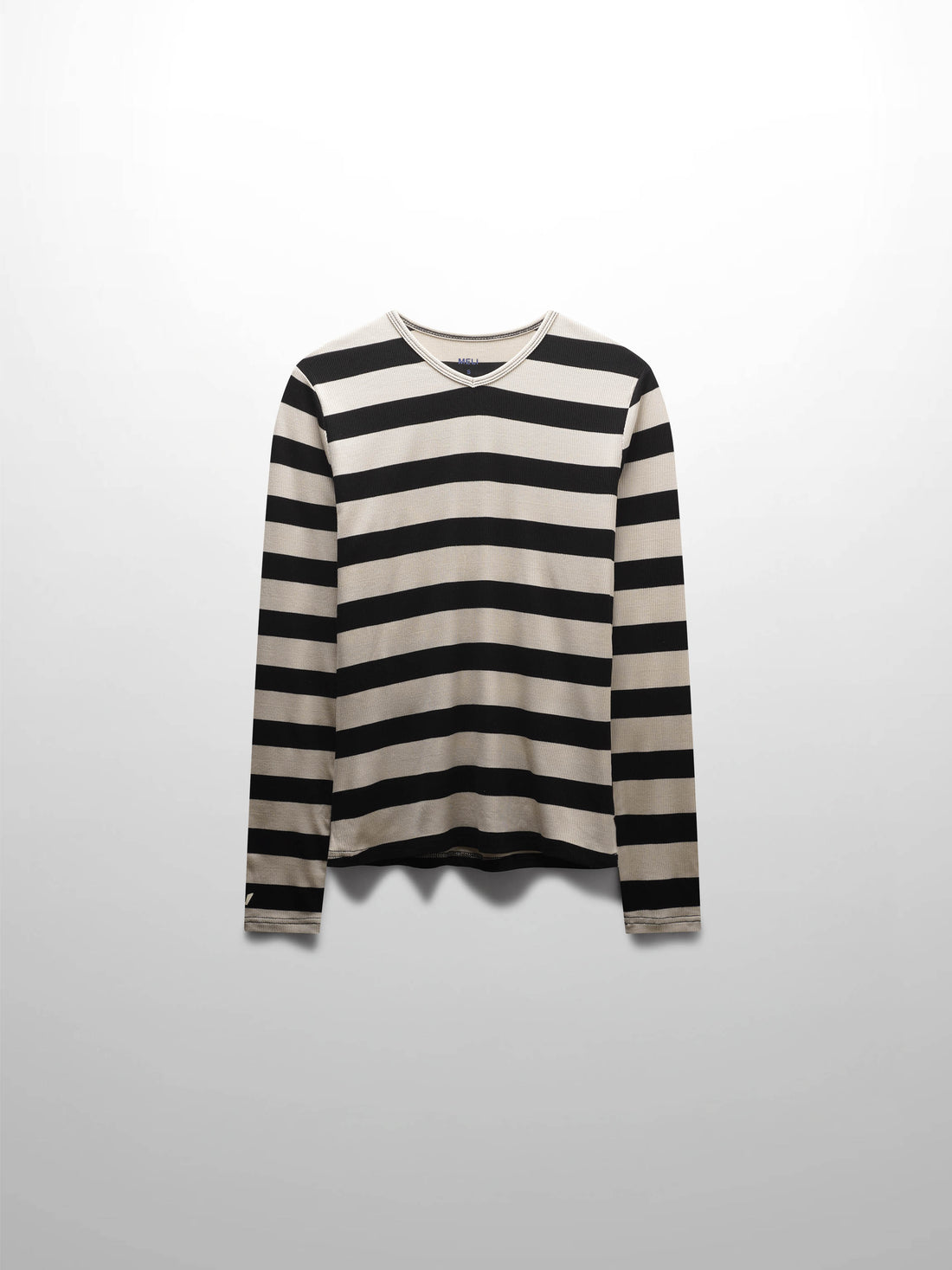 Ribbed Striped High V Tee Long Sleeve-Tan/Black
