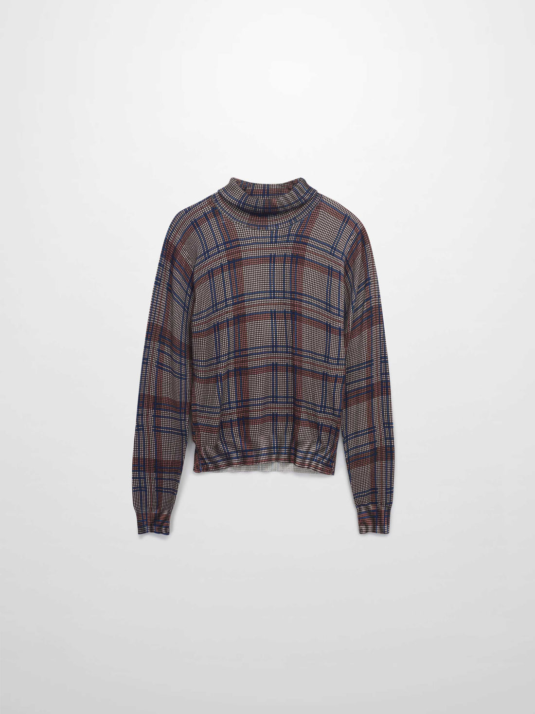 Thin Knit Turtleneck Sweater-Brown/Blue Plaid