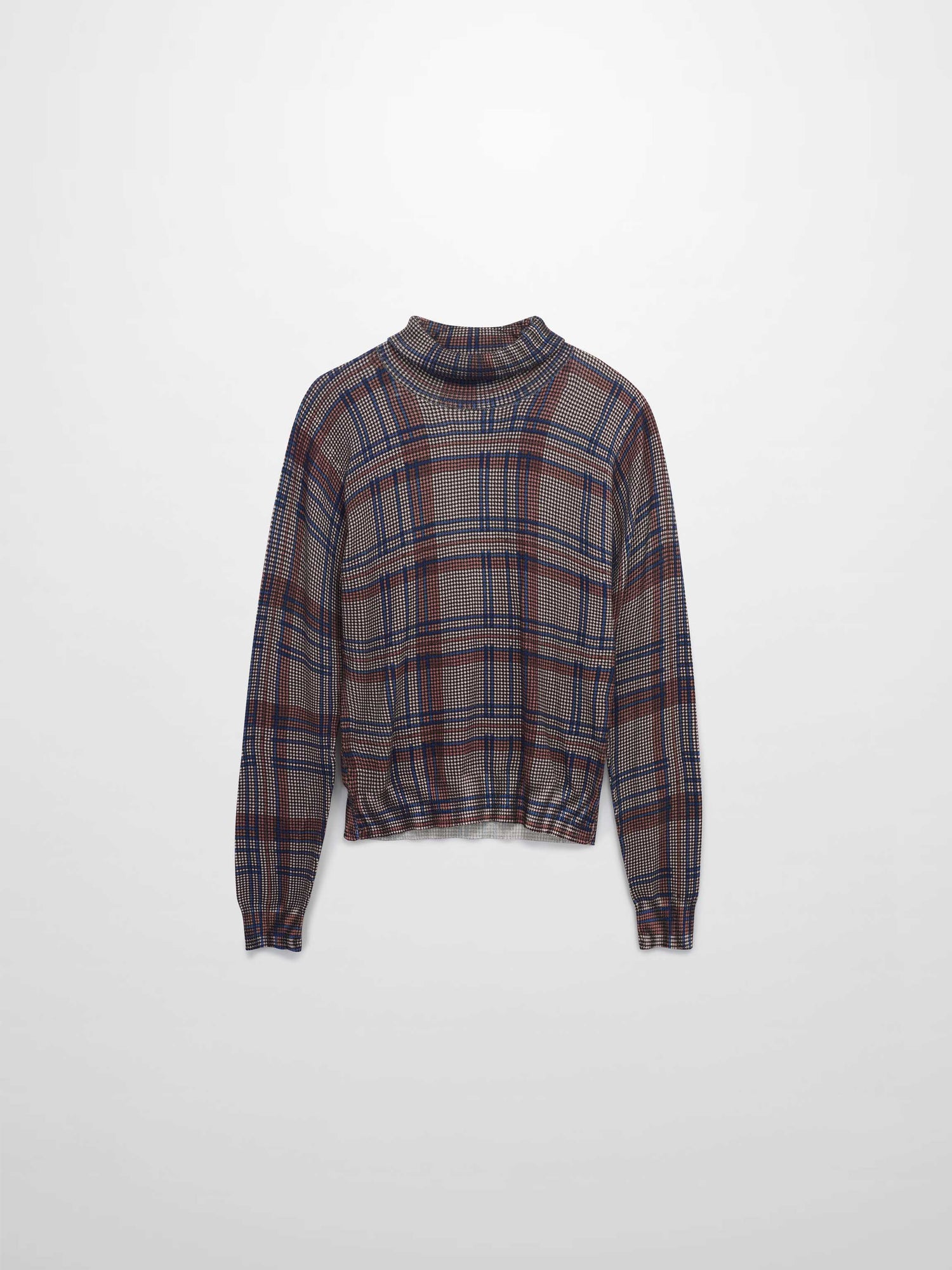 Thin Knit Turtleneck Sweater-Brown/Blue Plaid