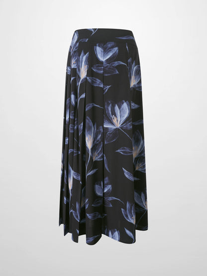 Yoke Pleated Printed Skirt-Blue Floral