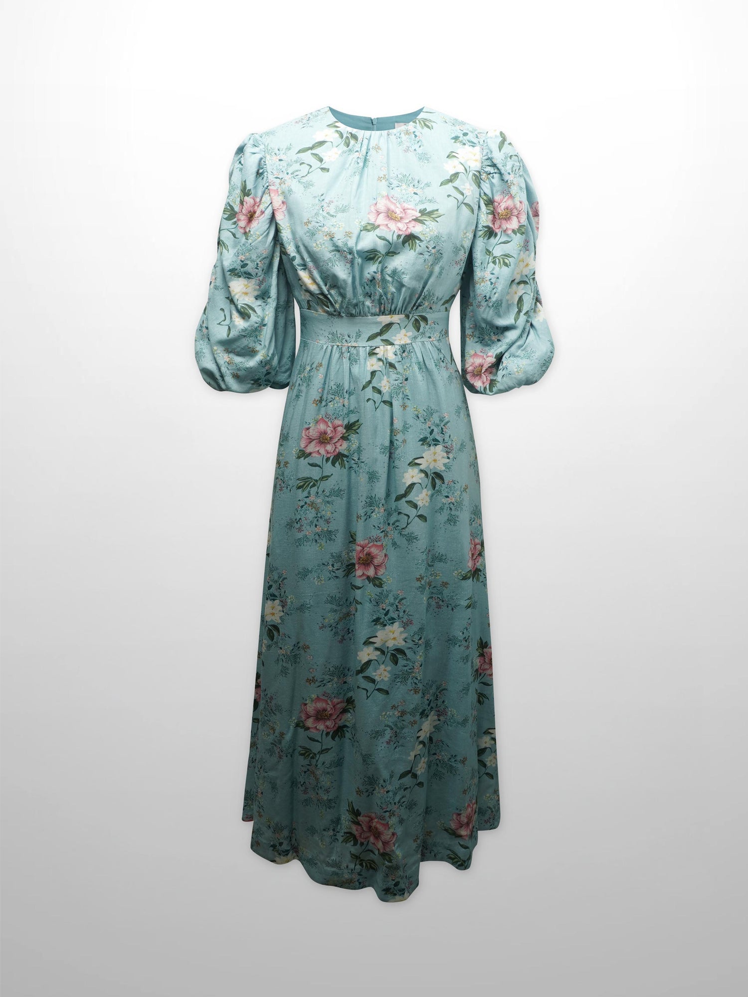 Ruched Puff Sleeve Dress-Aqua Floral