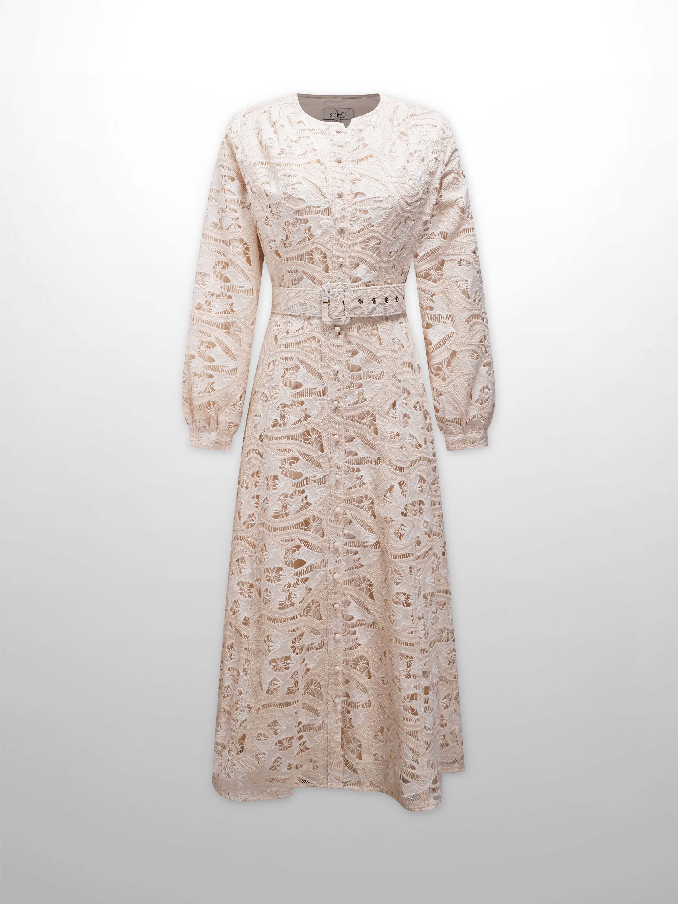 Lace Cutout Princess Style Belted Dress-Cream