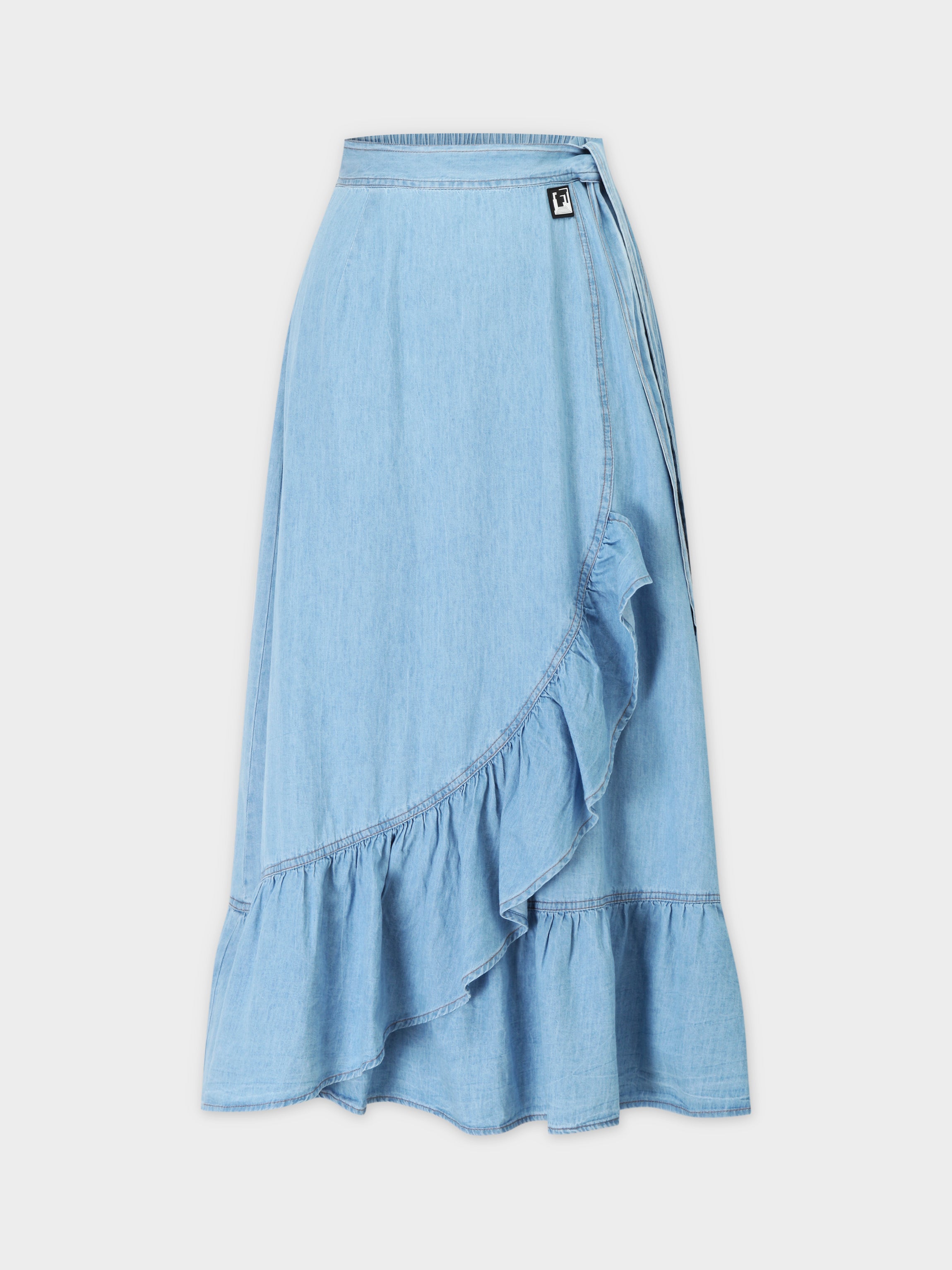 FAUX WRAP RUFFLE SKIRT-DENIM