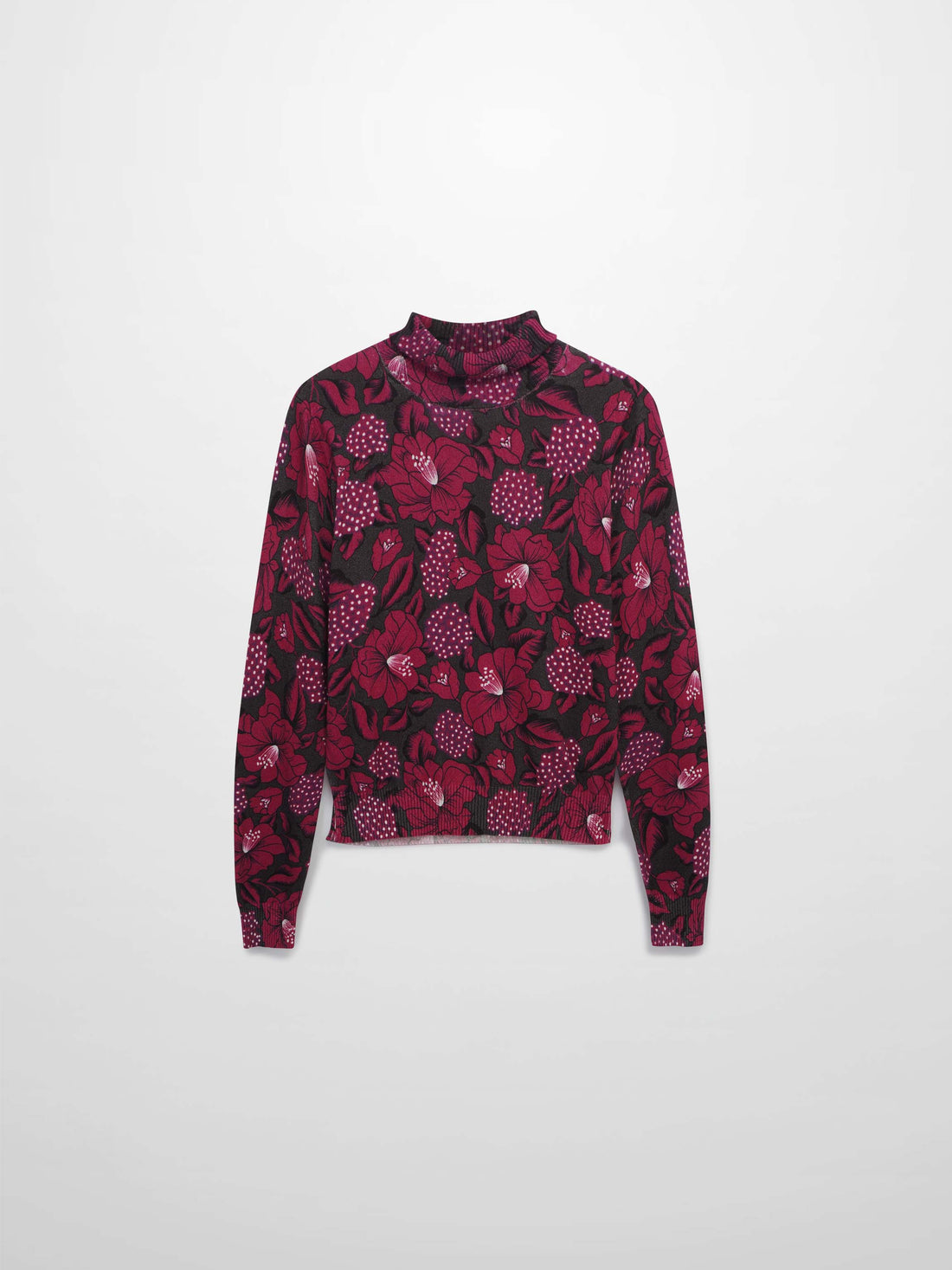Thin Knit Turtleneck Sweater-Grey Pink Floral