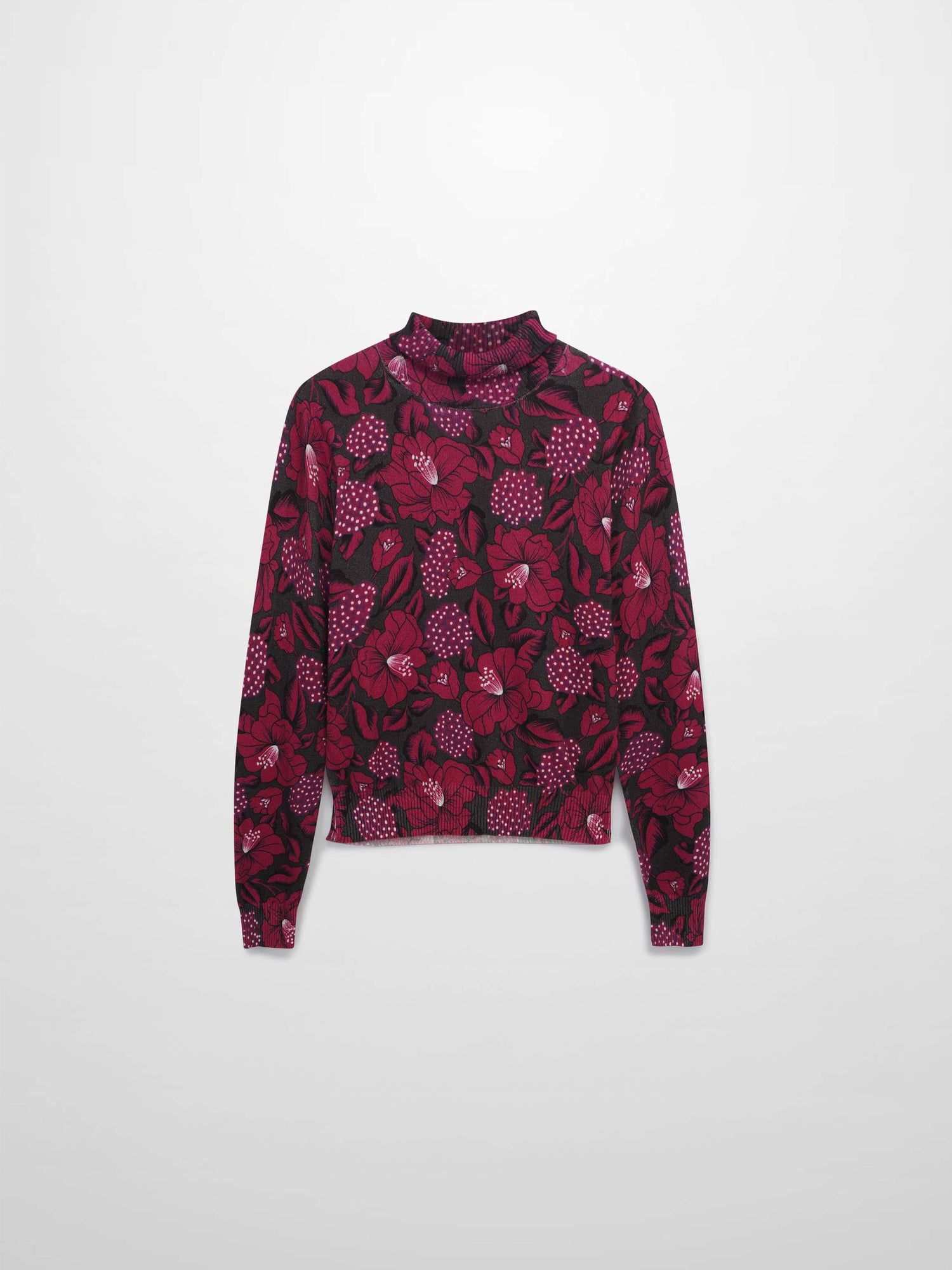 Thin Knit Turtleneck Sweater-Grey Pink Floral