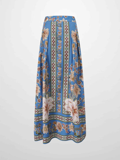 Printed Cotton Pleat Skirt-Light Blue/Peach
