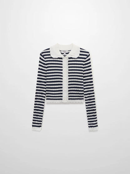 Striped Scalloped Edge Cardigan-Navy/White