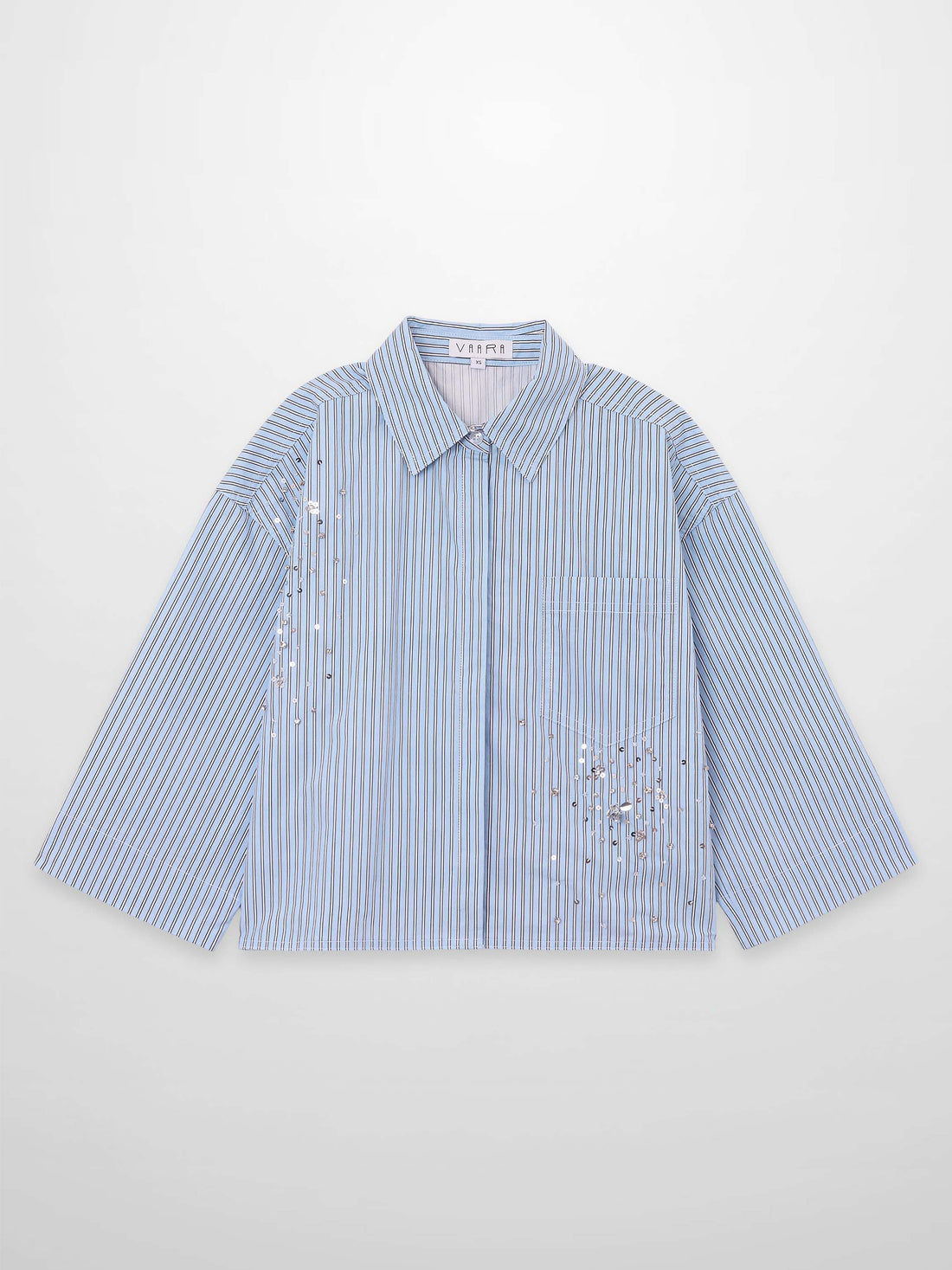 Embelished Pinstripe Crop Blouse-Blue/White