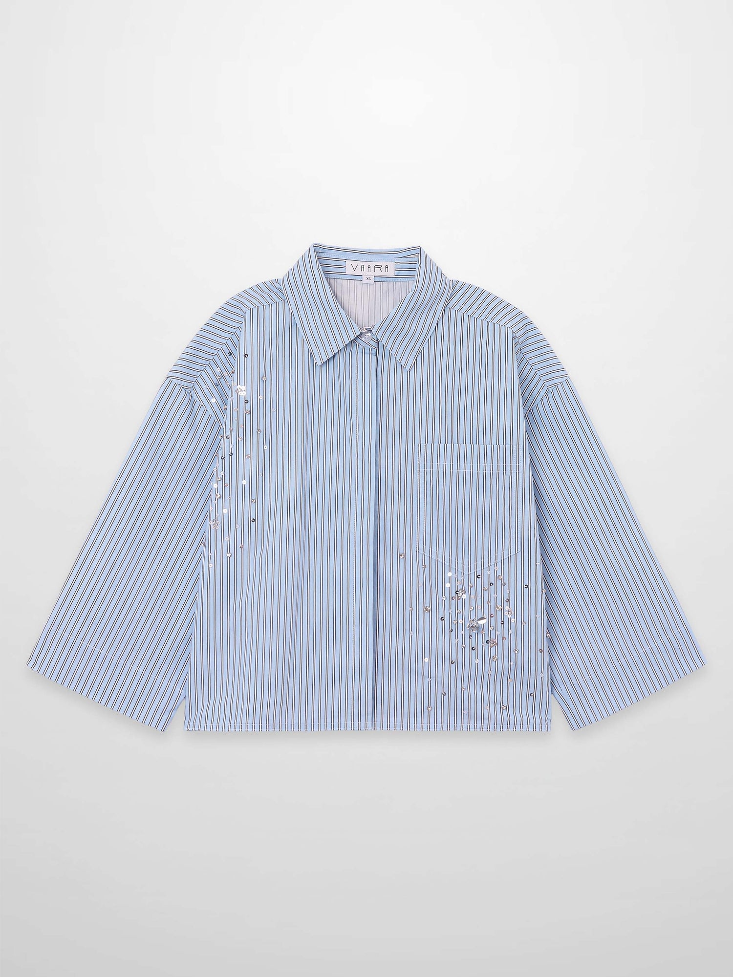 Embelished Pinstripe Crop Blouse-Blue/White