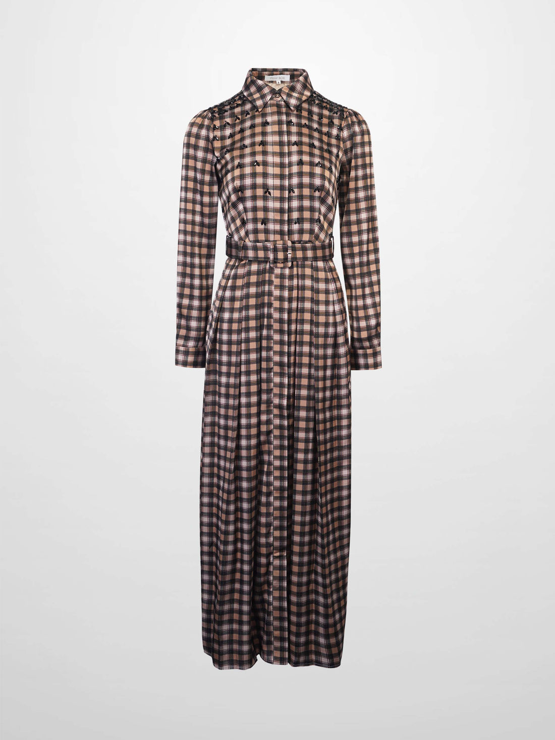 Stone Embellished Belted Shirtdress-Brown Plaid