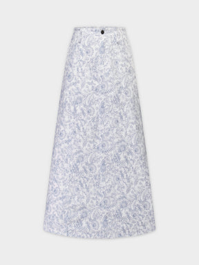 Printed Denim Skirt-Blue Floral