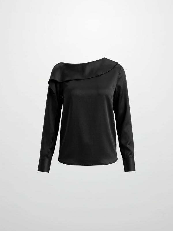 Faux Satin Ruffle Top - Black