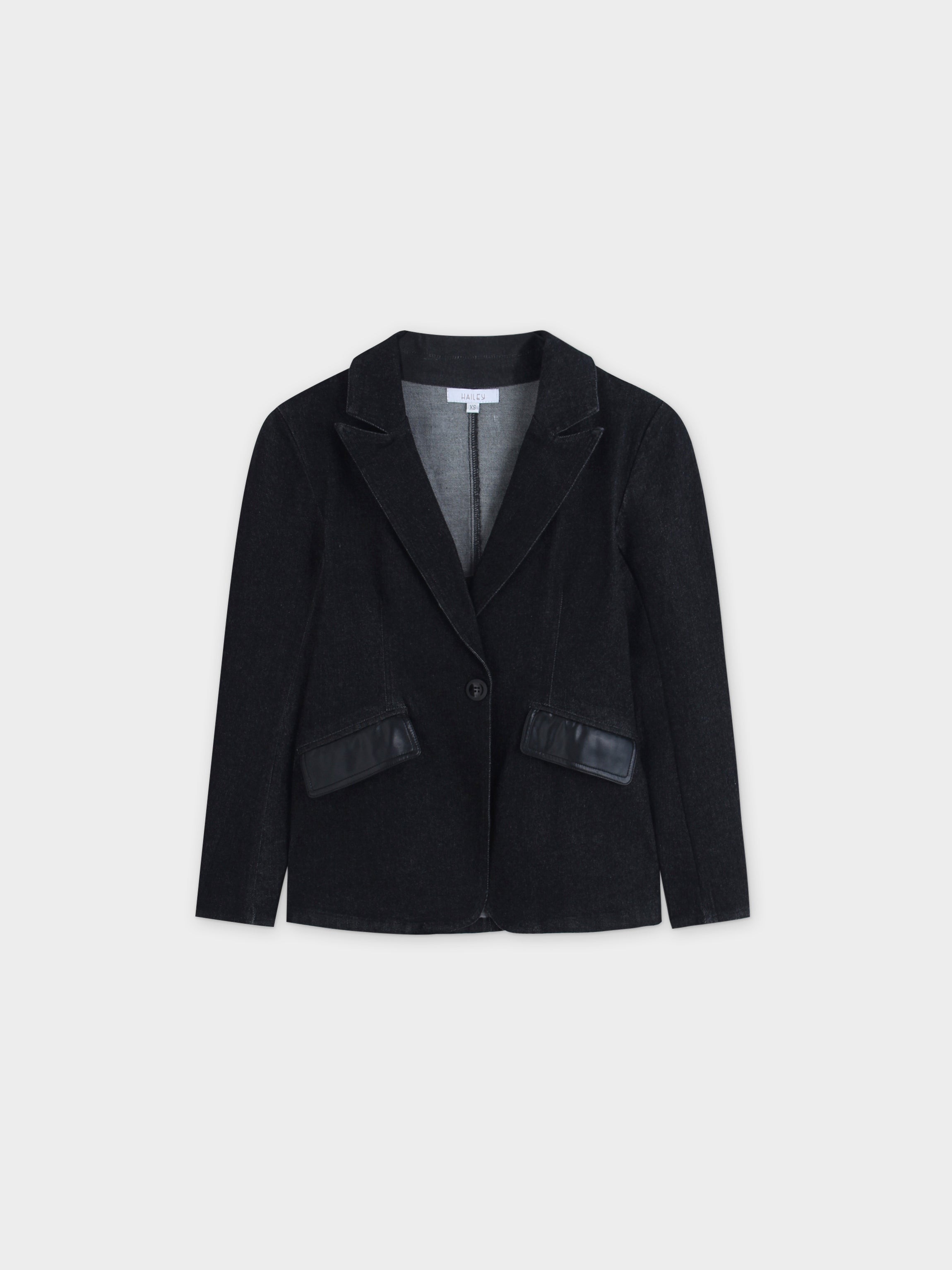 Leather Pocket Denim Blazer-Black