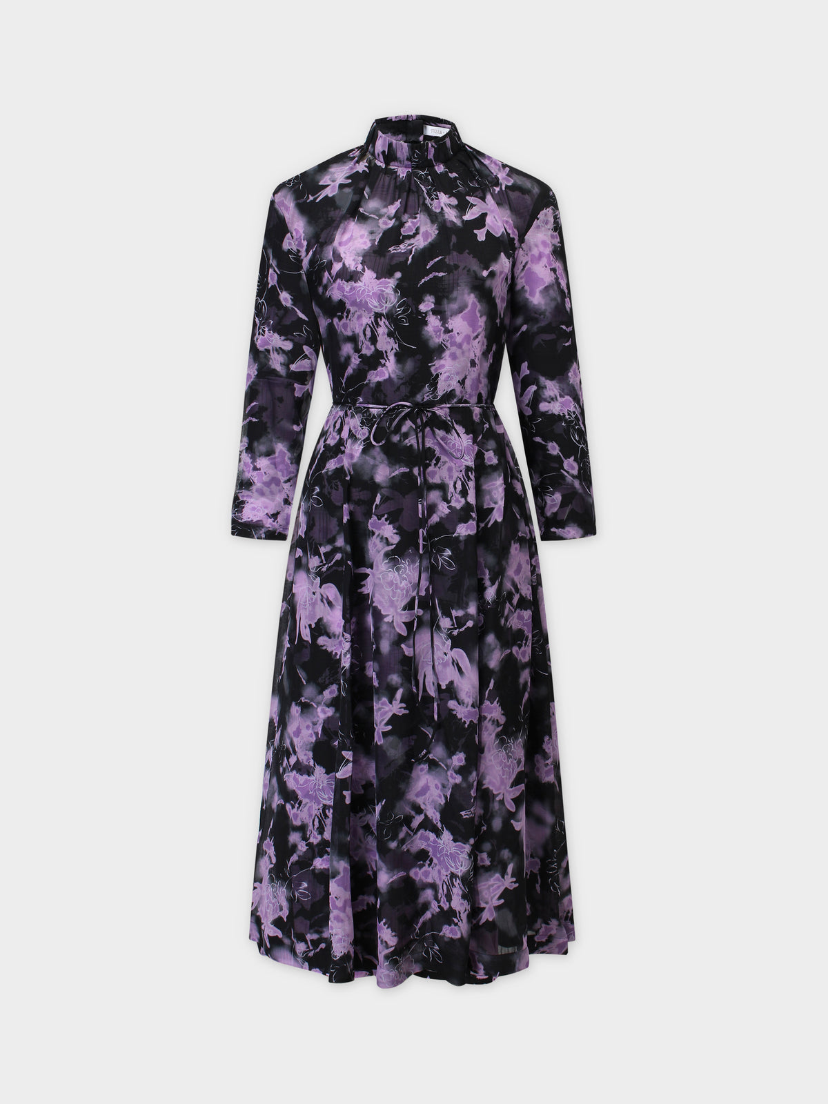 Printed Belted Dress-Black/Lavender