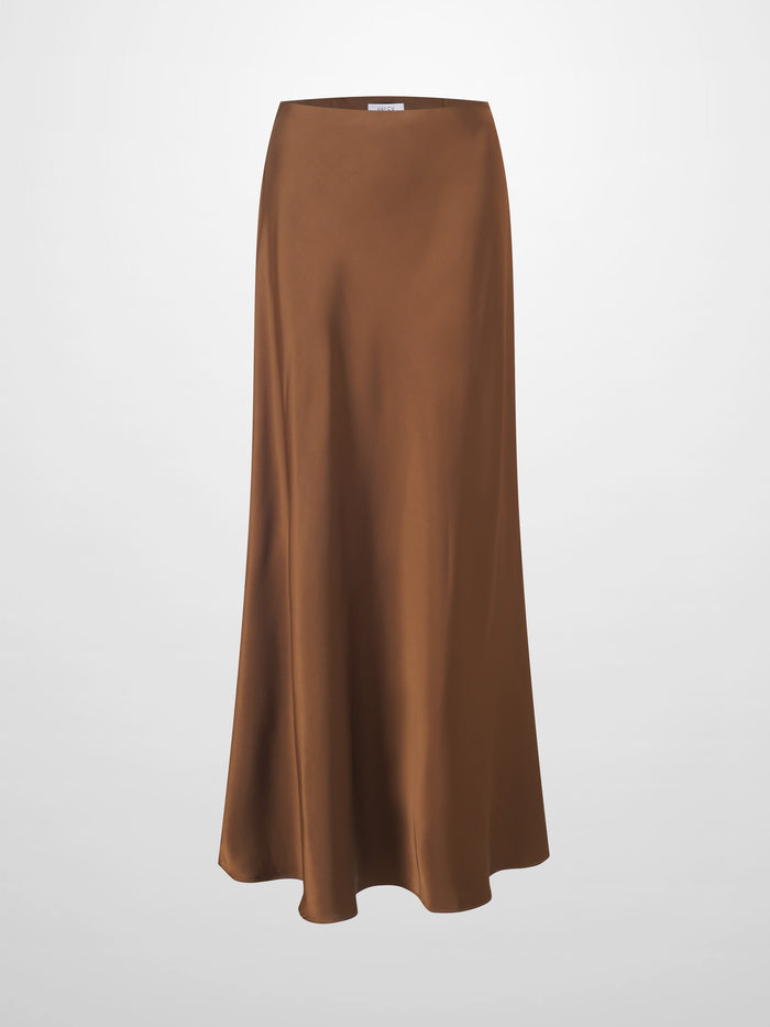 Solid Faux Satin Slip Skirt-Brown