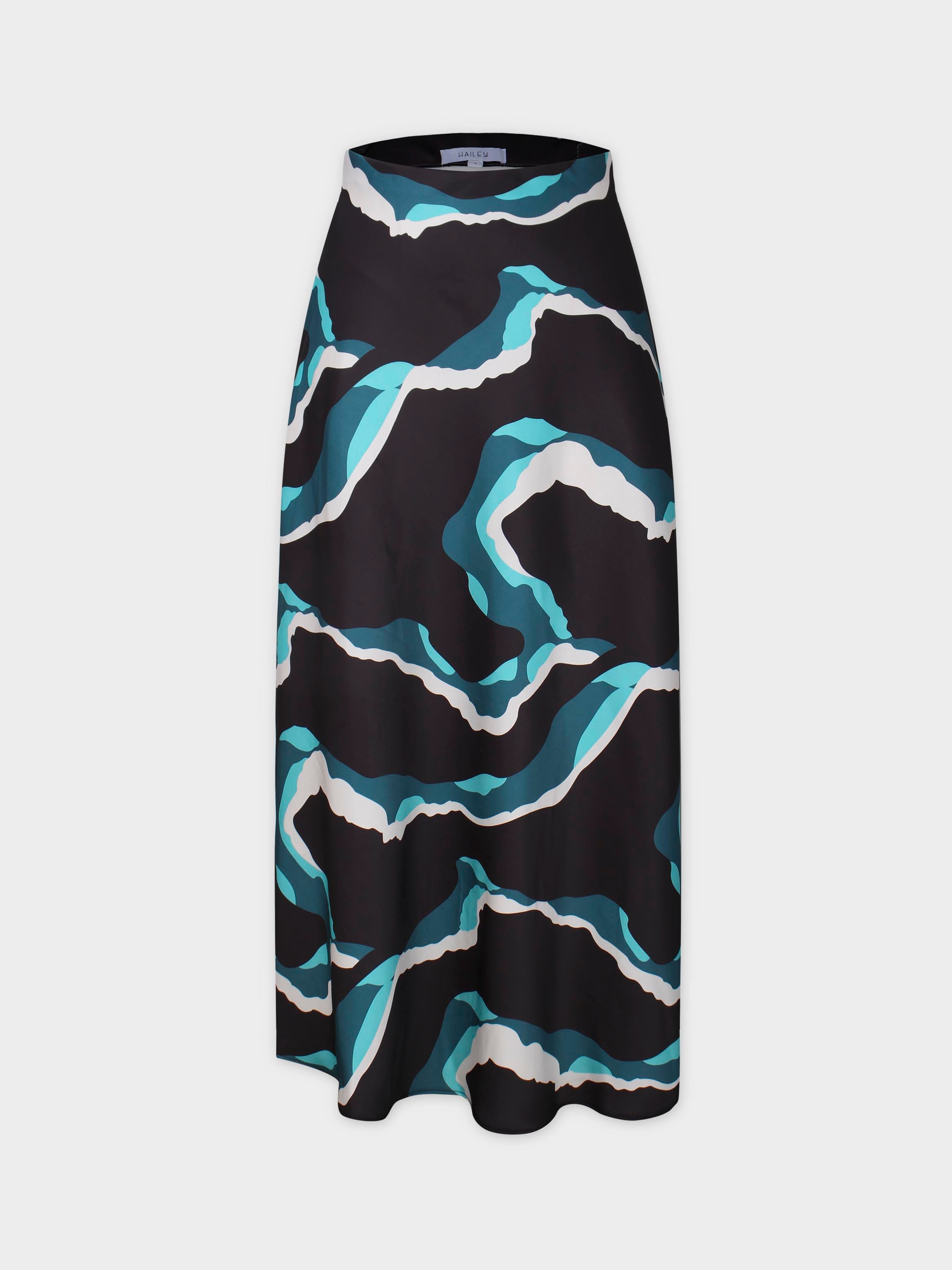 Printed Satin Slip Skirt-Aqua Lightening