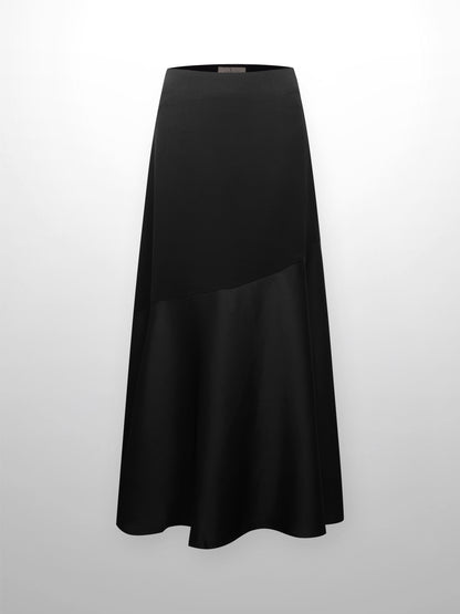 Faux Satin Bottom Flare Skirt-Black