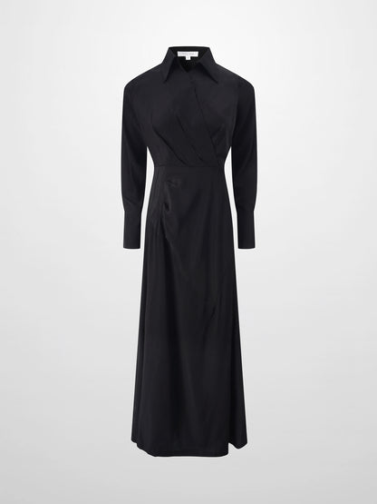 Crossover Side Pleat Dress-Black