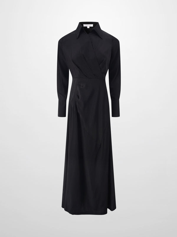 Crossover Side Pleat Dress-Black
