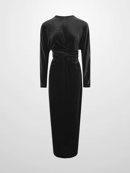 Velour Wrap Tie Maxi Dress-Black