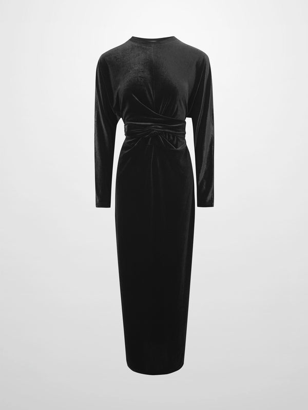 Velour Wrap Tie Maxi Dress-Black