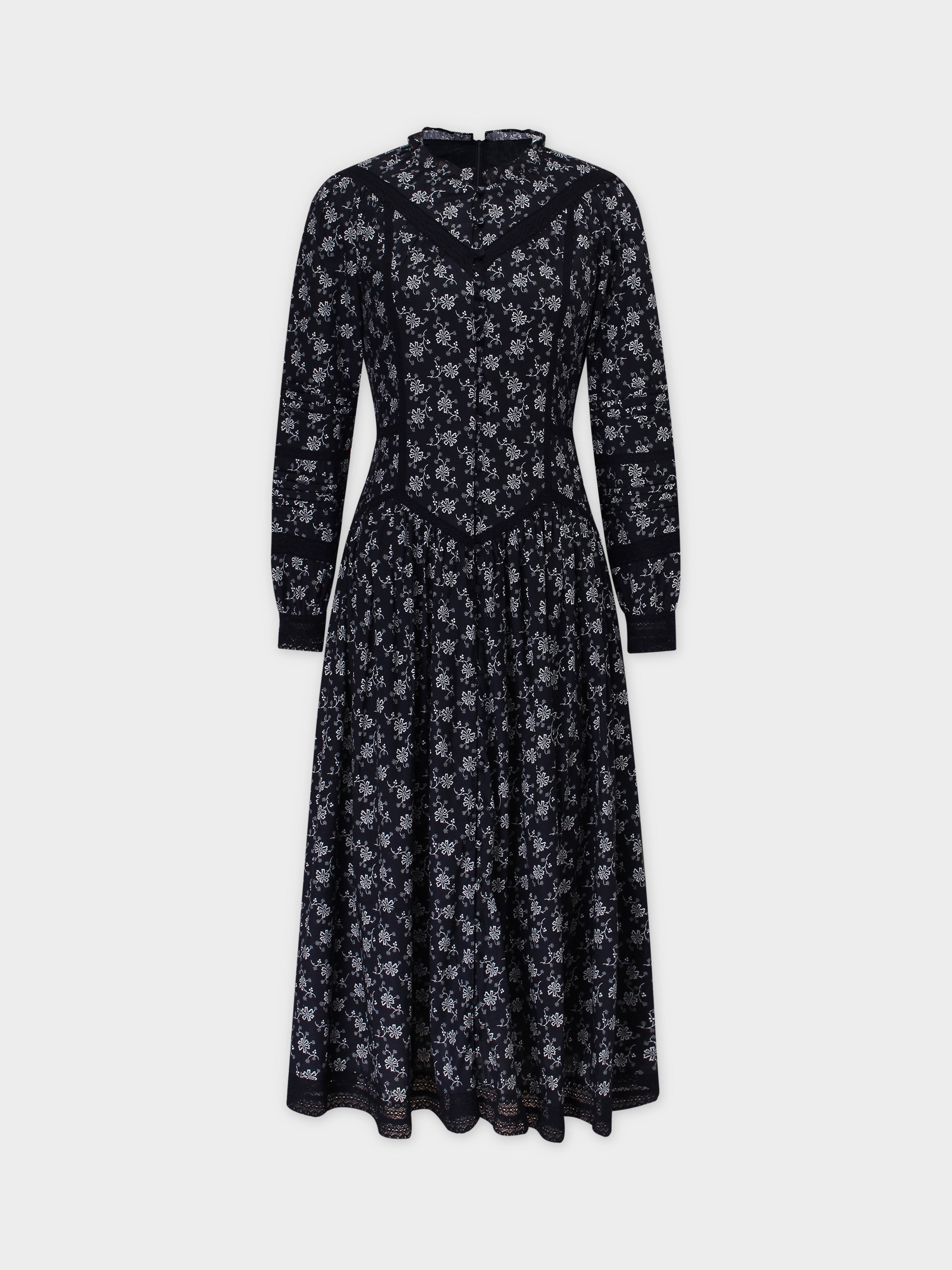 Lace Trim Detail Dress-Navy Floral