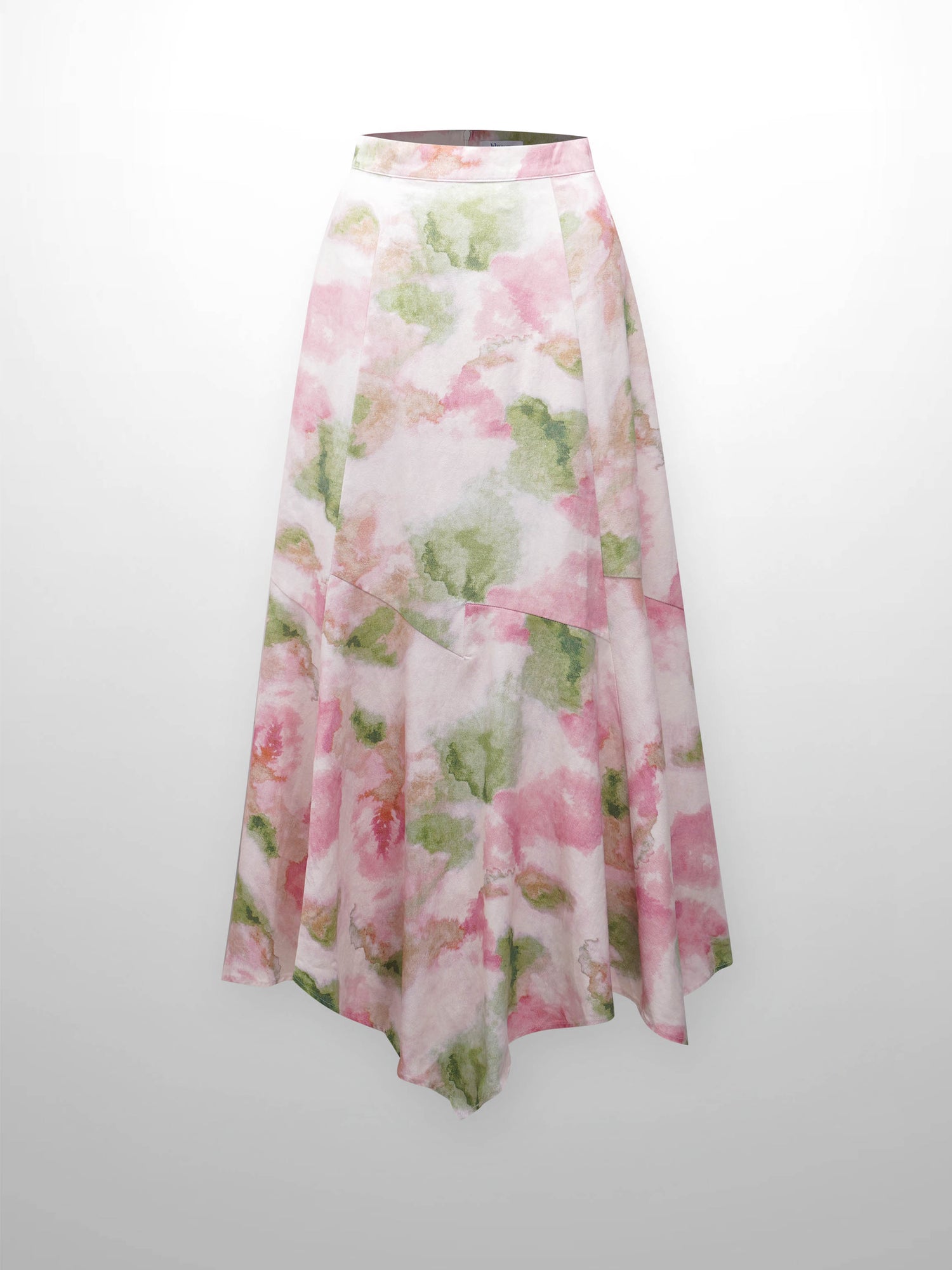 Printed Denim Trumpet Style Skirt-Pink/Green Floral