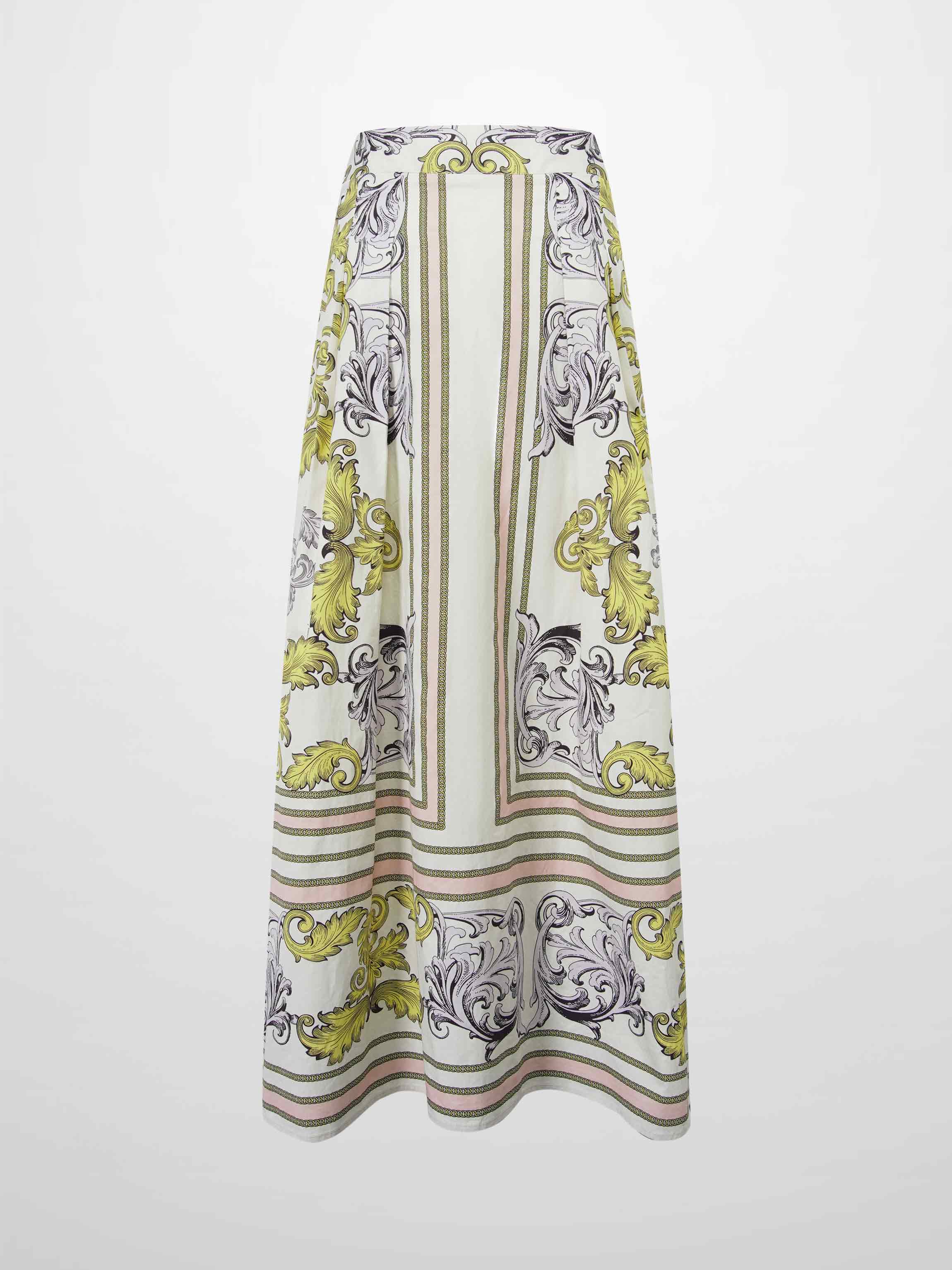 Printed Cotton Pleat Skirt-Yellow/Lavender