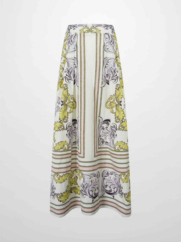 Printed Cotton Pleat Skirt-Yellow/Lavender